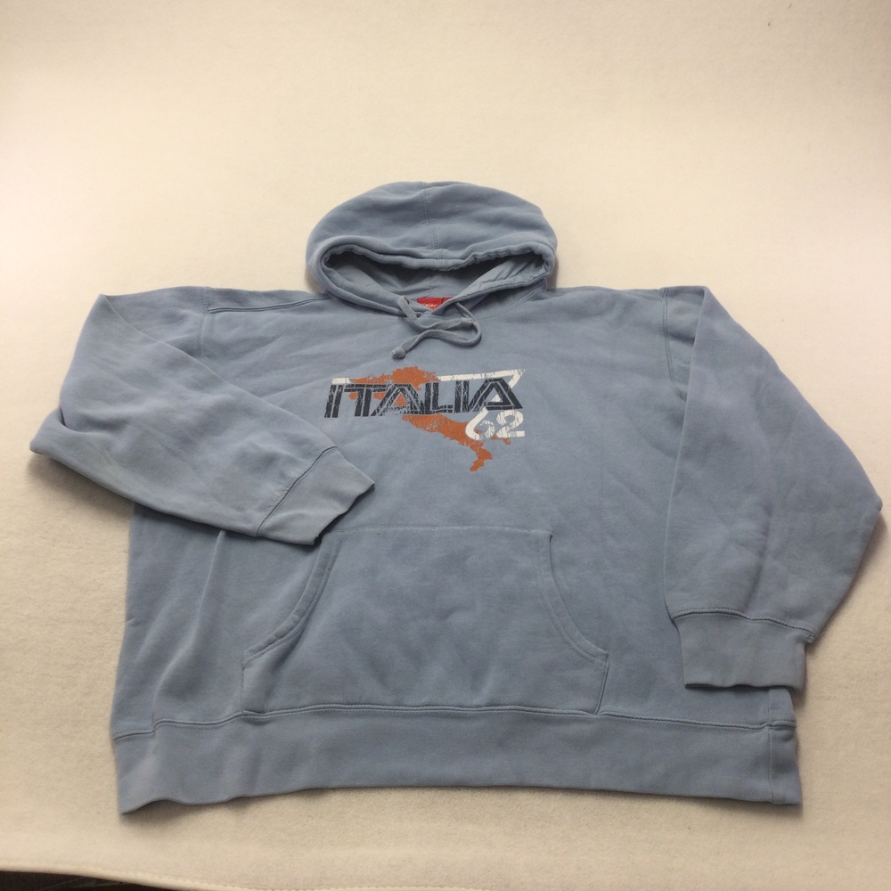 Mossimo Hoodie Mens XL Blue Italia 62 Fleece Pullover Sweatshirt Graphic Logo
